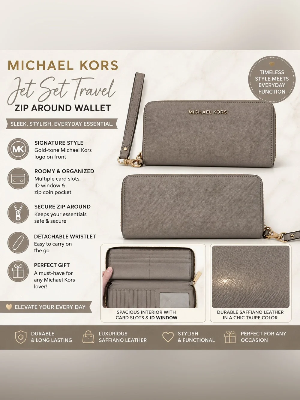Michael Kors Jet Set Travel Saffiano Zip Around Wallet Wristlet Taupe